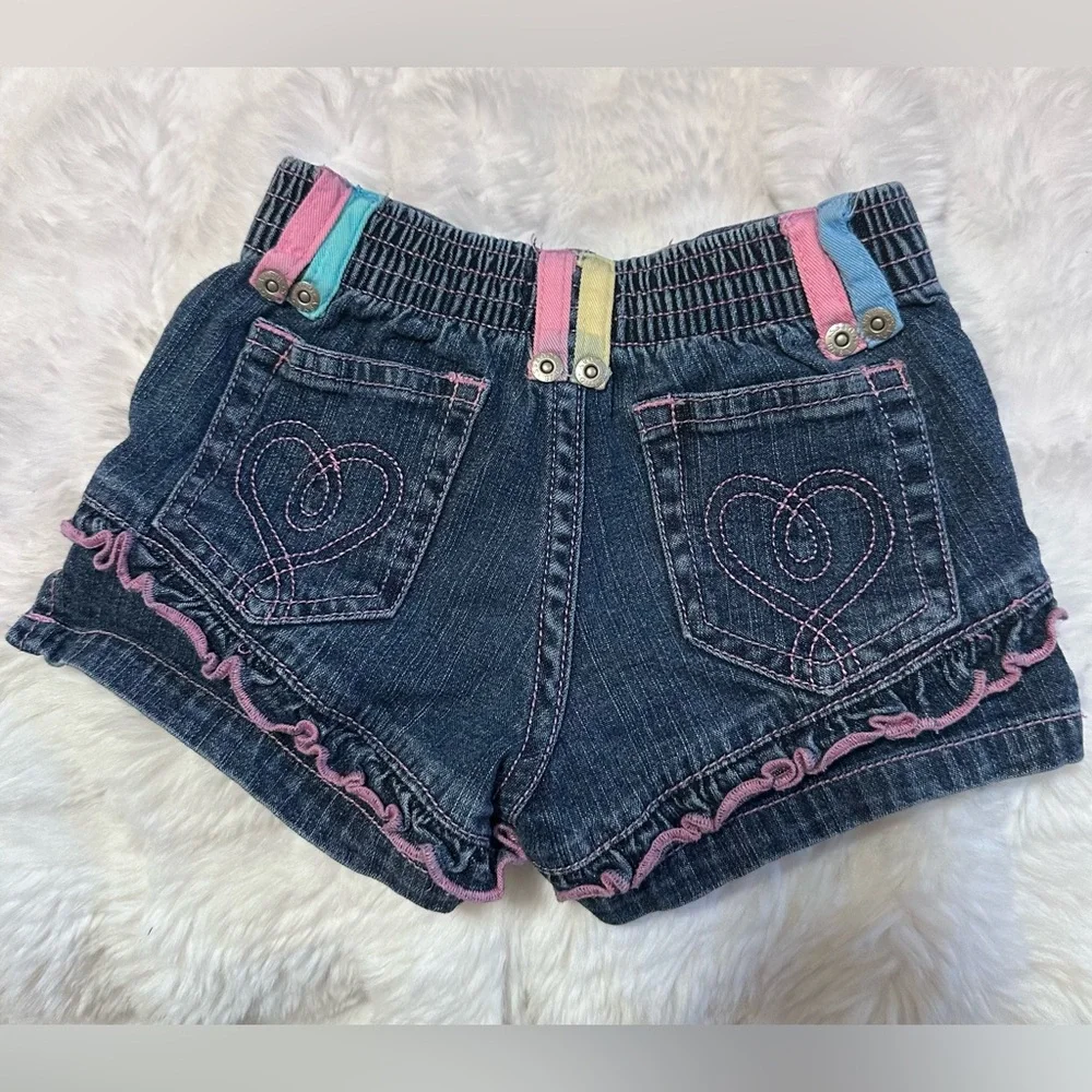 Baby Guess Denim Shorts 6-9M Ruffle Trim Heart Pockets Pink Stitch